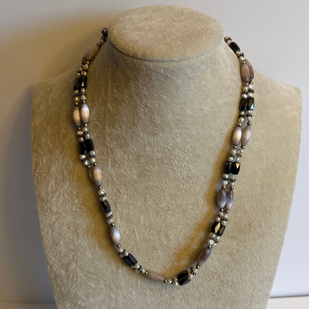 Long Magnetic Hematite-Style Bead Necklace Mauve Dark Gray & Silver Layering 32”